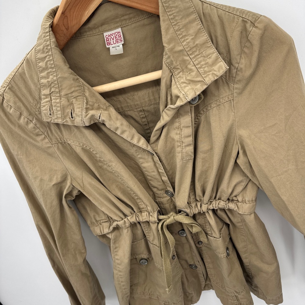 Canyon River Blues Womens Utility Field Jacket‎ L Tan Khaki Drawstring Waist